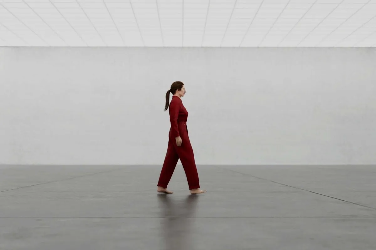Marina Abramović, Slow Walking, 2026 — the avatar crossing the gallery floor