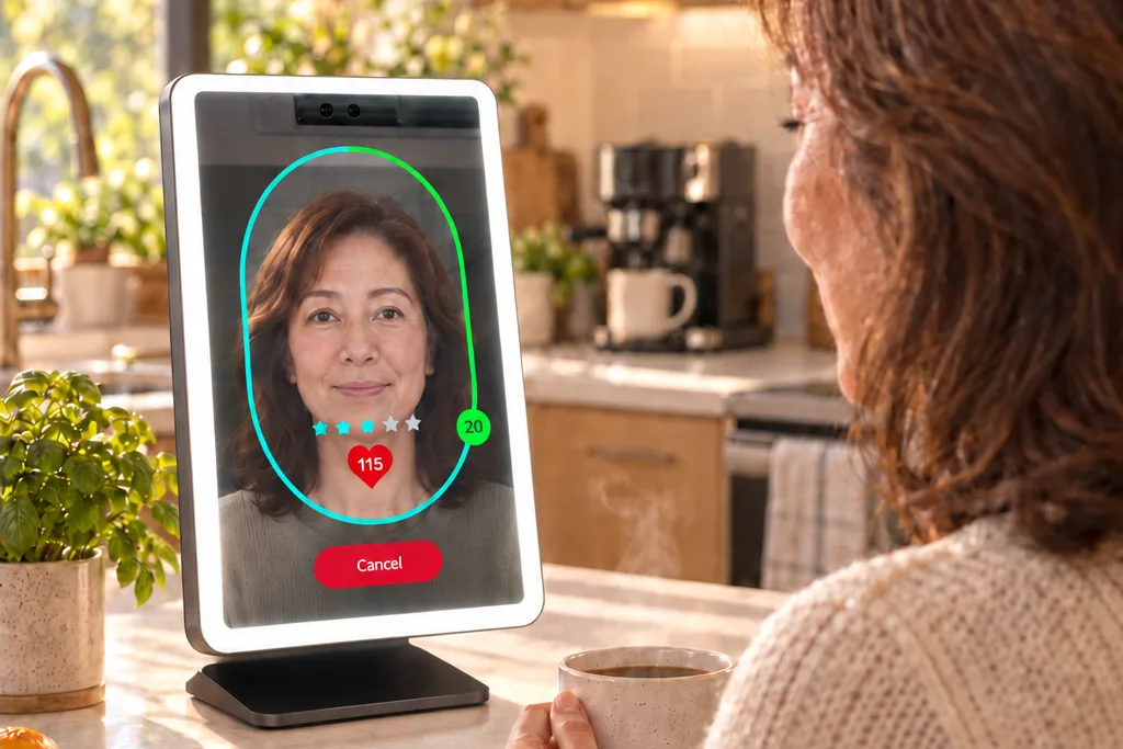 The Anura Magic Mirror mid-scan, a guest’s face framed on screen