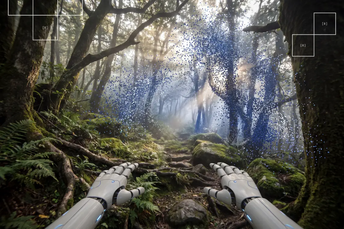 Reka, a generated forest seen from a robot’s own viewpoint, its arms in frame